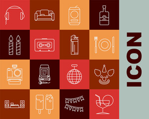 Set line Martini glass, Clown head, Plate, fork and knife, Beer can, Retro audio cassette tape, Birthday cake candles, Headphones and Lighter icon. Vector