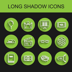 Set line Scenario, Play Video, Balloon with ribbon, Bang boom text speech bubble balloon, Movie spotlight, clapper, Film reel and 3D cinema glasses icon. Vector