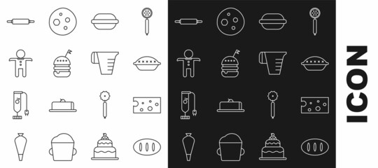 Set line Bread loaf, Cheese, Homemade pie, Macaron cookie, Burger, Holiday gingerbread man, Rolling pin and Measuring cup icon. Vector