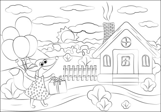 Coloring book for children. The chanterelle walks with a gift and balls along the path. House, flowers, bushes. Flat vector illustration for children's books and magazines.	