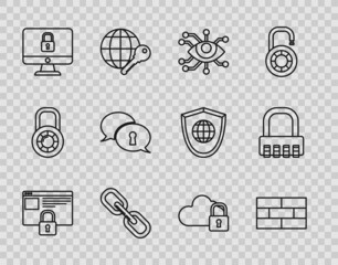 Set line Secure your site with HTTPS, SSL, Bricks, Eye scan, Chain link, Lock on computer monitor screen, Protection of personal data, Cloud computing lock and Safe combination icon. Vector