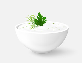 Bowl of white dipping sauce (Ranch or Tzatziki) with herbs (parsley and dill) on gray background. Realistic vector illustration. Side view. - obrazy, fototapety, plakaty