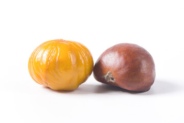 Close-up Chestnuts with peeled  isolated on white background.