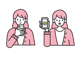 スマホで検索する・スマホを見せる女性のイラスト　セット