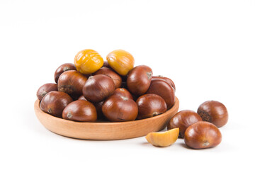 Close-up Chestnuts with peeled  isolated on white background.