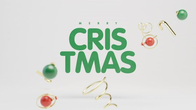 Merry Christmas footage. Decoration bulbs, ornament baubles flying on background
