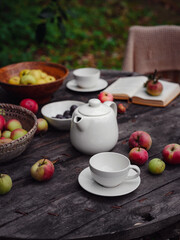 beautiful autumn still life in apple orchard, old table with cup, teapot, apples and book. Fall Getaway, Apple Picking anf Harvest Day Celebration concept