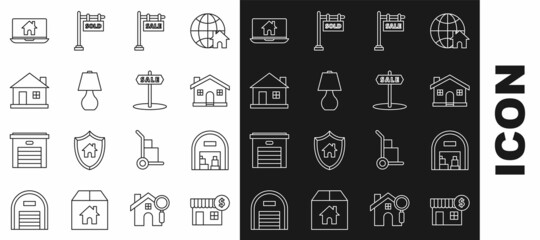 Obraz na płótnie Canvas Set line House with dollar symbol, Warehouse, Hanging sign text Sale, Table lamp, Laptop and smart home and icon. Vector