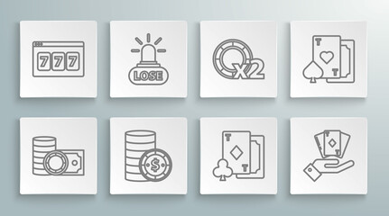 Set line Casino chips and stacks money cash, losing, with dollar, Playing card diamonds, Hand holding deck of playing cards, heart and Online slot machine lucky sevens jackpot icon. Vector