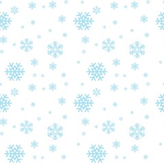Seamless pattern with light blue snowflakes on white background.