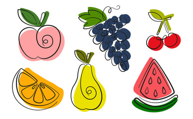 Continuous line Fruit on colored substrates. Design element for a grocery store, juice packaging, eco-goods with fruit ingredients. Vector illustration.