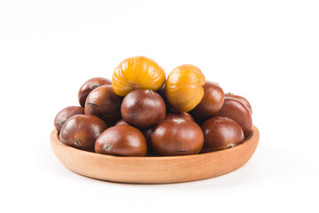 Close-up Chestnuts with peeled  isolated on white background.