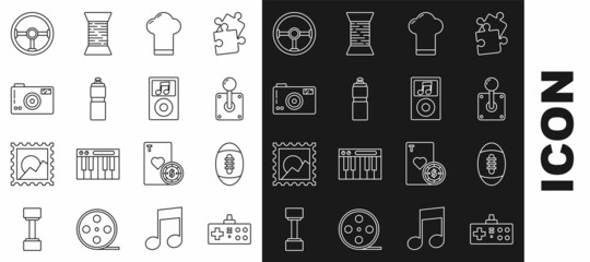 Set line Gamepad, American Football ball, Joystick for arcade machine, Chef hat, Fitness shaker, Photo camera, Steering wheel and Music player icon. Vector