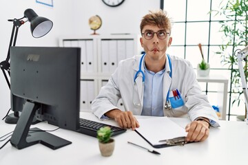 Young caucasian doctor man working at the clinic making fish face with lips, crazy and comical gesture. funny expression.