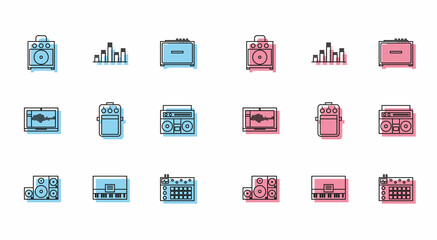 Set line Stereo speaker, Piano, Guitar amplifier, Drum machine, pedal, Home stereo with two speakers, Sound or audio recorder on laptop and Music equalizer icon. Vector