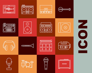 Set line Guitar amplifier, CD or DVD disk, Piano, Stereo speaker, DJ remote for playing and mixing music, Sound audio recorder on laptop and Home stereo with two speakers icon. Vector