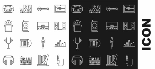 Set line Audio jack, Music equalizer, Stereo speaker, Banjo, player, Guitar pedal, tape and Piano icon. Vector