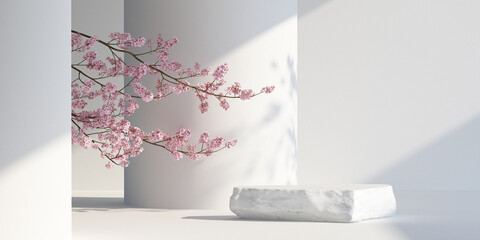 japanese style architect stone podium cosmetic background.for branding and product presentation.3d rendering illustration.