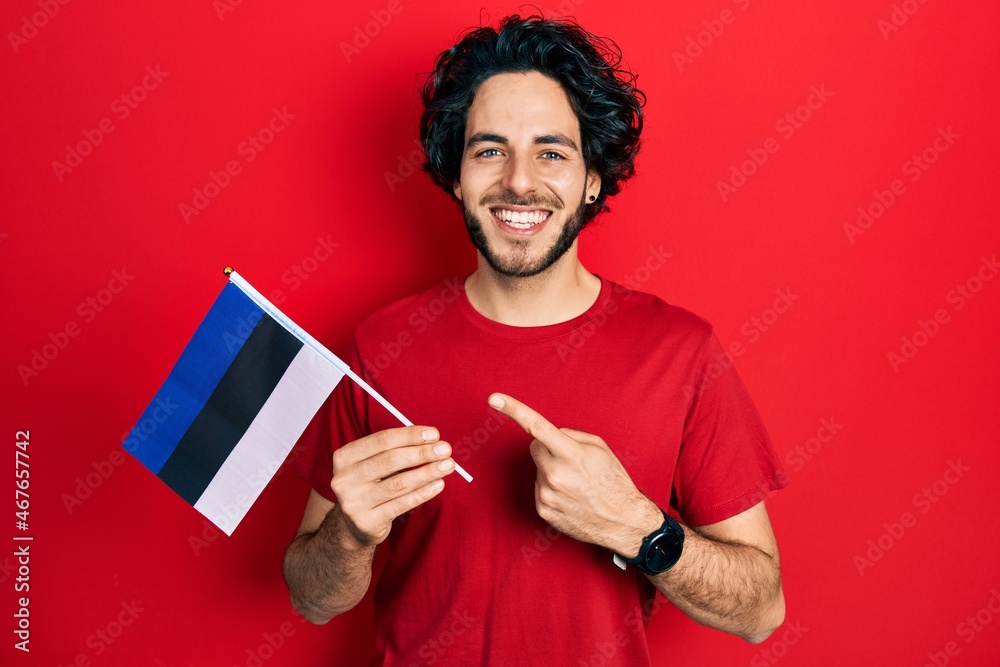 Poster Handsome hispanic man holding estonia flag smiling happy pointing with hand and finger