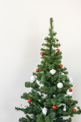 Decorated Christmas tree on white background, card template