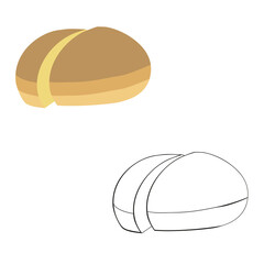A vector illustration of two cut round buns isolated on transparent background. Designed in brown, beige, black and white colors as a coloring book page