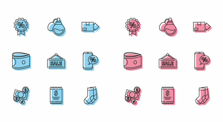 Set line Money cash and coin, Paper check financial check, Discount percent tag, Socks, Hanging sign with Sale, Percent discount phone, Stacks paper money and Perfume icon. Vector