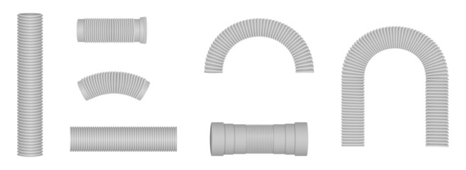 Corrugated hose connections in various shapes. Curved plastic pipes . - obrazy, fototapety, plakaty