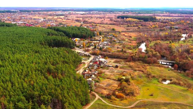 Autumn landscape. Arboretum them. Dokuchaev. 4K aerial photography.