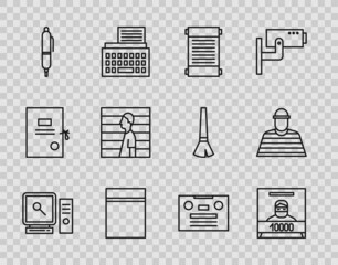 Set line Search on computer screen, Wanted poster, Decree, paper, parchment, scroll, Plastic bag with ziplock, Pen, Suspect criminal, Retro audio cassette tape and Prisoner icon. Vector