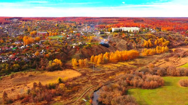 Autumn landscape. Arboretum them. Dokuchaev. 4K aerial photography.