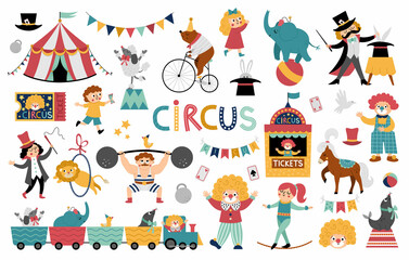 Big vector circus set. Street show animals, tent, artist collection. Amusement holiday icons pack. Bear on bike, clown, gymnast, athlete, magician clip art. Cute funny festival elements. - obrazy, fototapety, plakaty