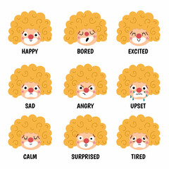 Vector set with clown faces showing feelings and emotions. Circus artists avatars clipart. Amusement heads icons. Cute funny festival characters clipart. Street show comedians illustration.