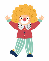 Vector clown icon. Circus artist clipart. Amusement holiday man. Cute funny festival character clip art. Street show comedian illustration with hands up.