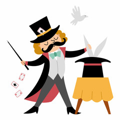 Vector magician icon. Circus artist clipart. Amusement holiday man showing trick with rabbit. Cute funny festival juggler clip art. Street show wizard illustration with hat, rabbit, playing cards - obrazy, fototapety, plakaty