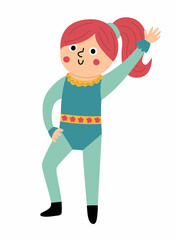 Vector gymnast girl. Cute funny acrobat. Circus or sport artist clipart. Amusement holiday icon. Festival character clip art. Tightrope walker illustration.