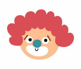 Vector clown face. Circus artist avatar clipart. Amusement holiday icon. Cute funny festival character clip art. Street show comedian illustration.