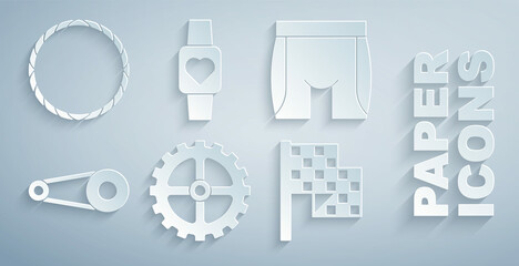 Set Bicycle sprocket crank, Cycling shorts, chain with gear, Checkered flag, Smart watch and wheel icon. Vector