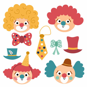 Vector set with clown faces. Circus artists avatars clipart. Amusement holiday icons pack. Cute funny festival characters clip art. Street show comedians illustration with bow tie, hat, wig.