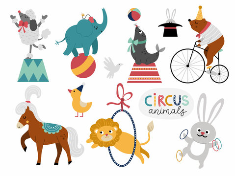 Vector set with circus animals. Amusement holiday icons pack. Cute funny festival characters clip art. Street show comedians illustration with elephant, bear on bike, lion, horse, rabbit, poodle.