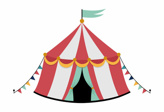 Vector circus tent icon. Amusement park marquee clipart isolated on white background. Cute funny striped festival arena. Street show structure illustration with flags.
