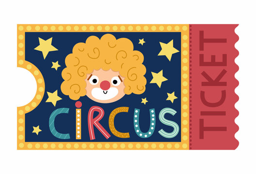 Vector circus ticket icon. Amusement park pass clipart isolated on white background. Cute funny street festival entrance card. Street show admission coupon illustration with clown face.