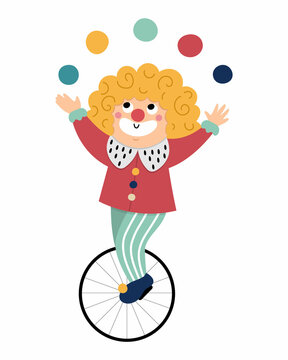 recommend clip art: Vector clown icon. Circus artist clipart. Amusement holiday man on a wheel juggling balls. Cute funny festival character clip art. Street show comedian juggler illustration.