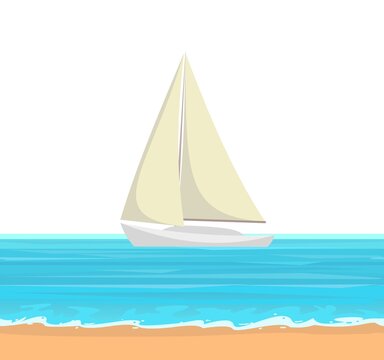 Sailing yacht. Calm blue sea. White single masted vessel with classic hull lines. Isolated on white background. View from afar. Flat style. Surf line and sandy beach. Vector.