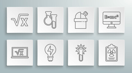 Set line Square root of x glyph, Test tube and flask, Light bulb with lightning, Radiation warning document, Astronomical observatory, Equation solution and icon. Vector