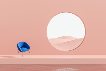 Floating blue armchair on abstract pink background