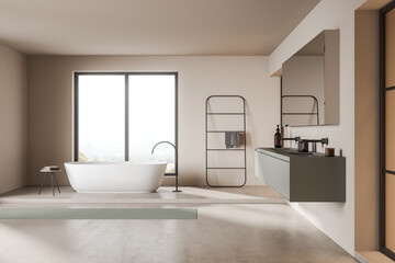 Naklejka na ściany i meble Light bathroom interior with bathtub near window, sink and ladder