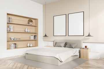 Fototapeta na wymiar Light bedroom interior with bed and bookshelf with decoration, mockup posters