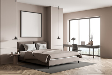 Fototapeta na wymiar Square canvas in beige bedroom with home office desk. Corner view.
