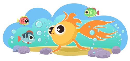 Gold tropical fish. Little landscape. Underwater life. Wild animals. Ocean, sea. Summer water. Isolated on white background. Illustration in cartoon style. Flat design. Vector art