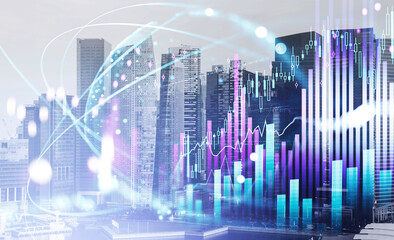 Obraz premium Graph changes lines and bars with rising candlesticks and skyscrapers